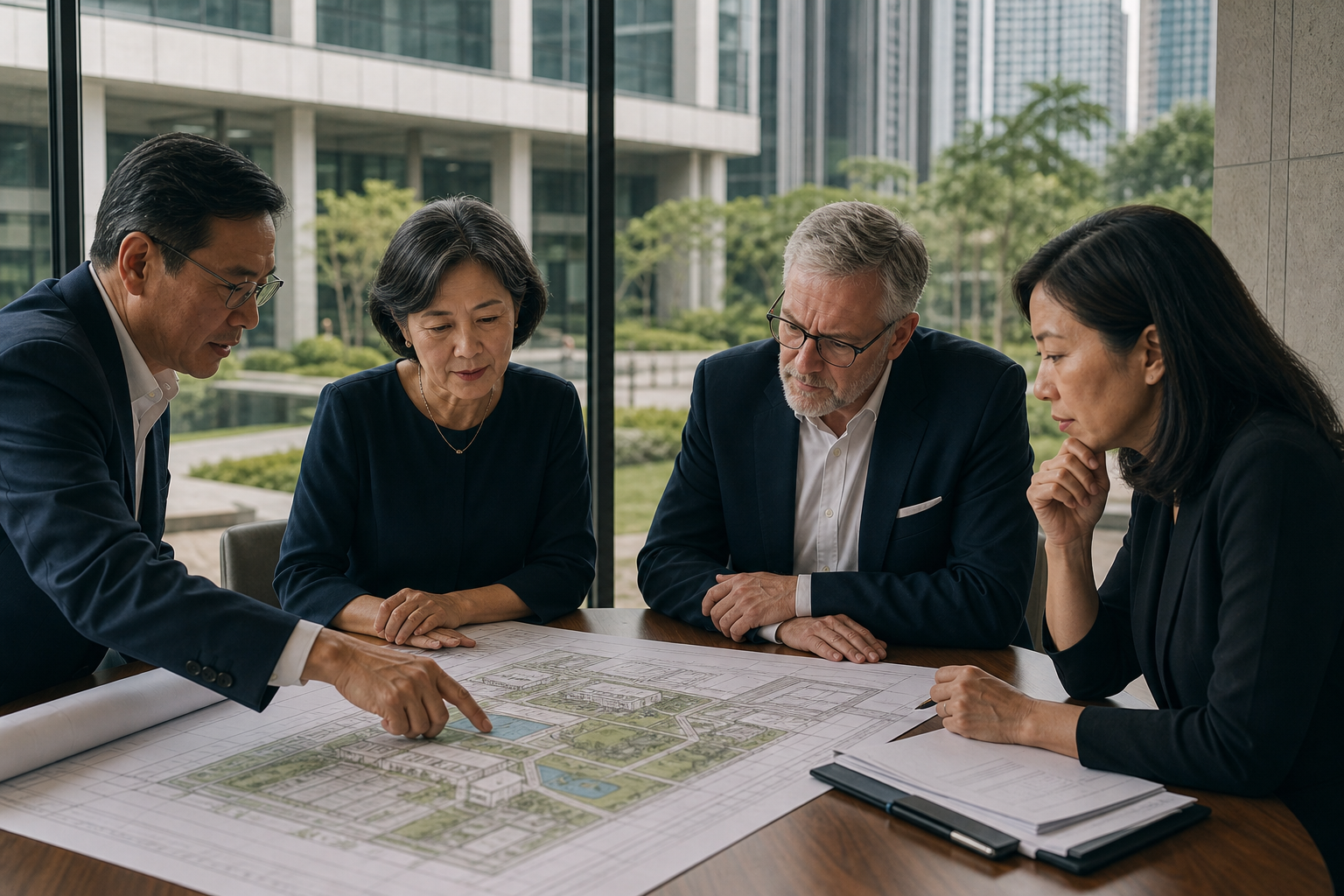 International education leaders reviewing a campus expansion plan together