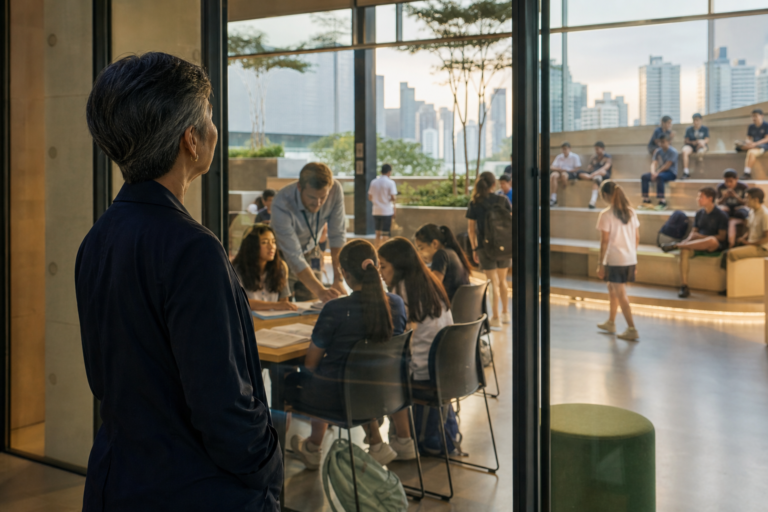 A senior education leader observing everyday institutional life through a glass threshold