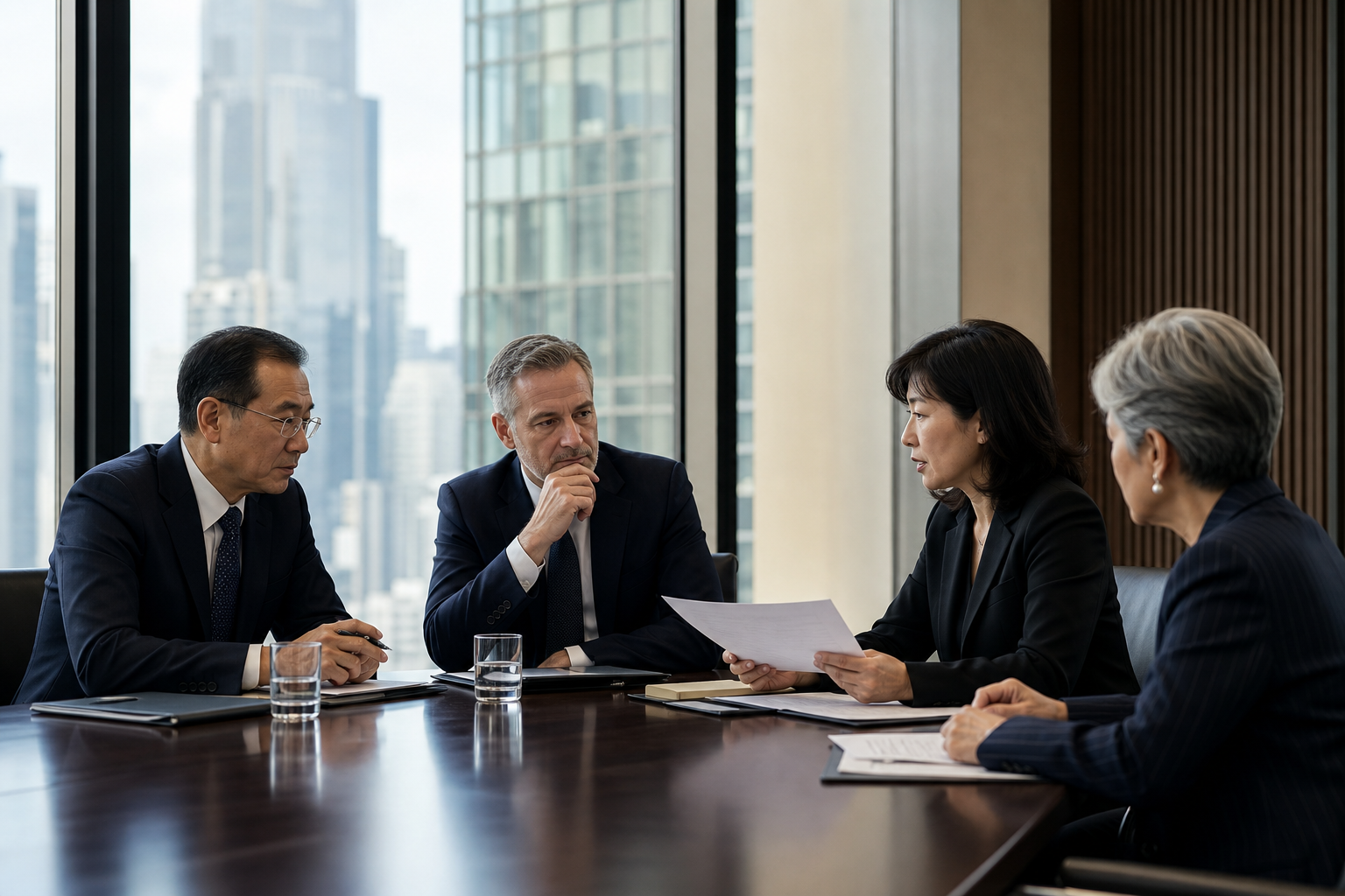 Senior leaders in a confidential strategic discussion in an international setting